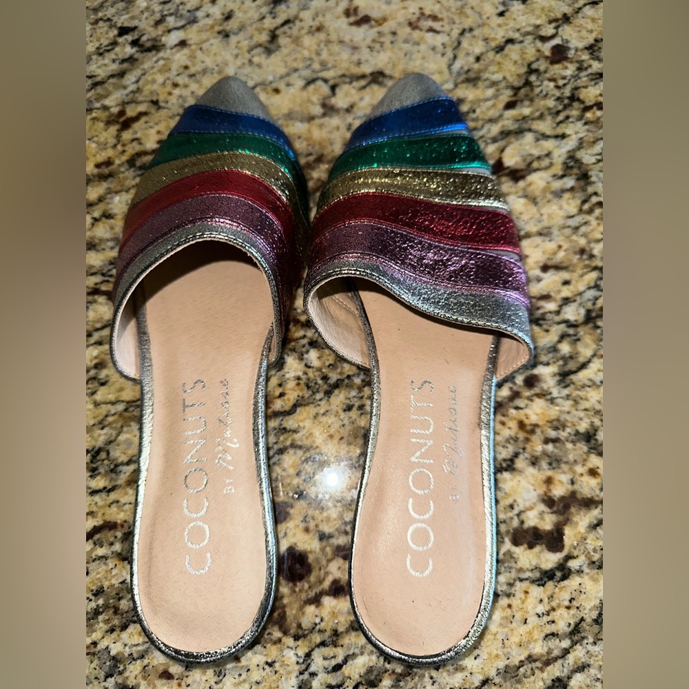 Coconuts by Matisse Metallic Rainbow Striped Slide Mules